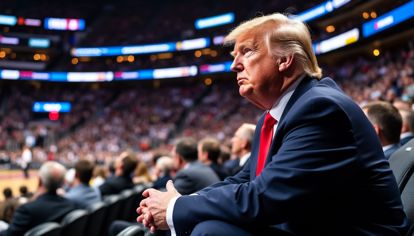 donald trump crée l'événement au madison square garden lors du troisième match des finales nba entre les knicks, captivant l'attention des fans de basketball.