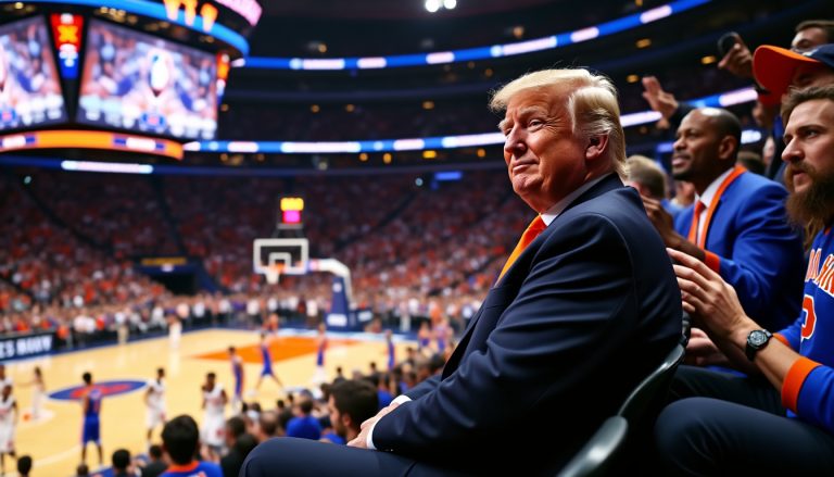 donald trump crée l'événement au madison square garden lors du troisième match des finales nba opposant les knicks, captivant les fans par son apparition remarquée.