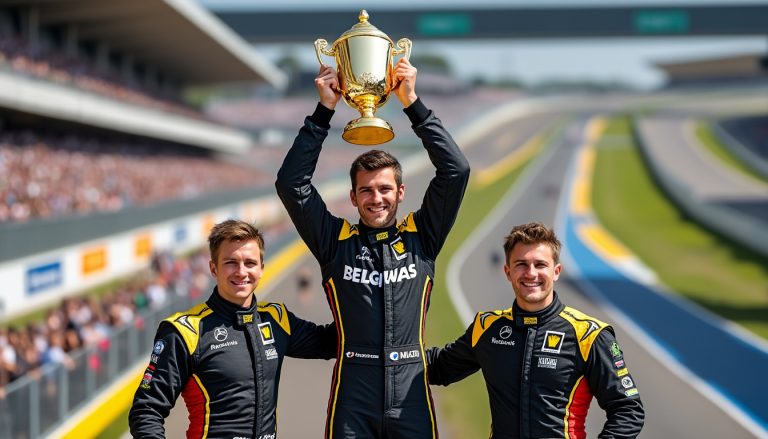 philippe de belgique remporte son tout premier grand prix, célébrant cette victoire historique en compagnie des princes aymeric et nicolas.