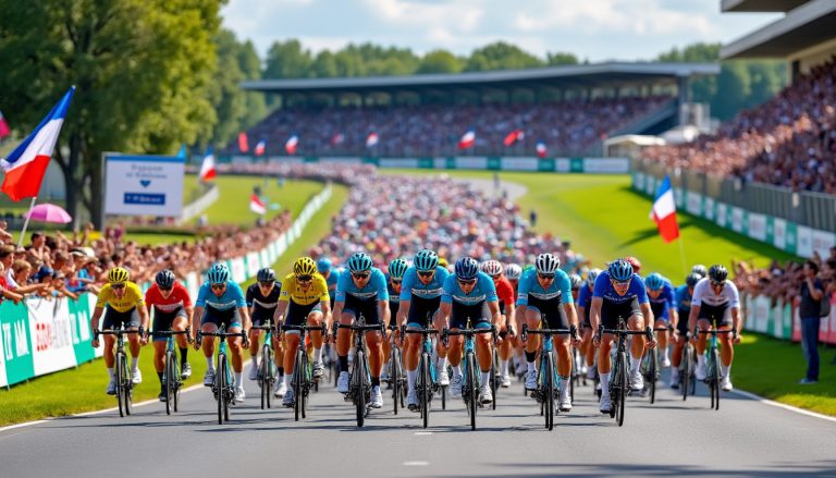 revivez le départ fulgurant de l'étape du jour du tour de france depuis magny-cours, avec des cyclistes en pleine action et des paysages spectaculaires.