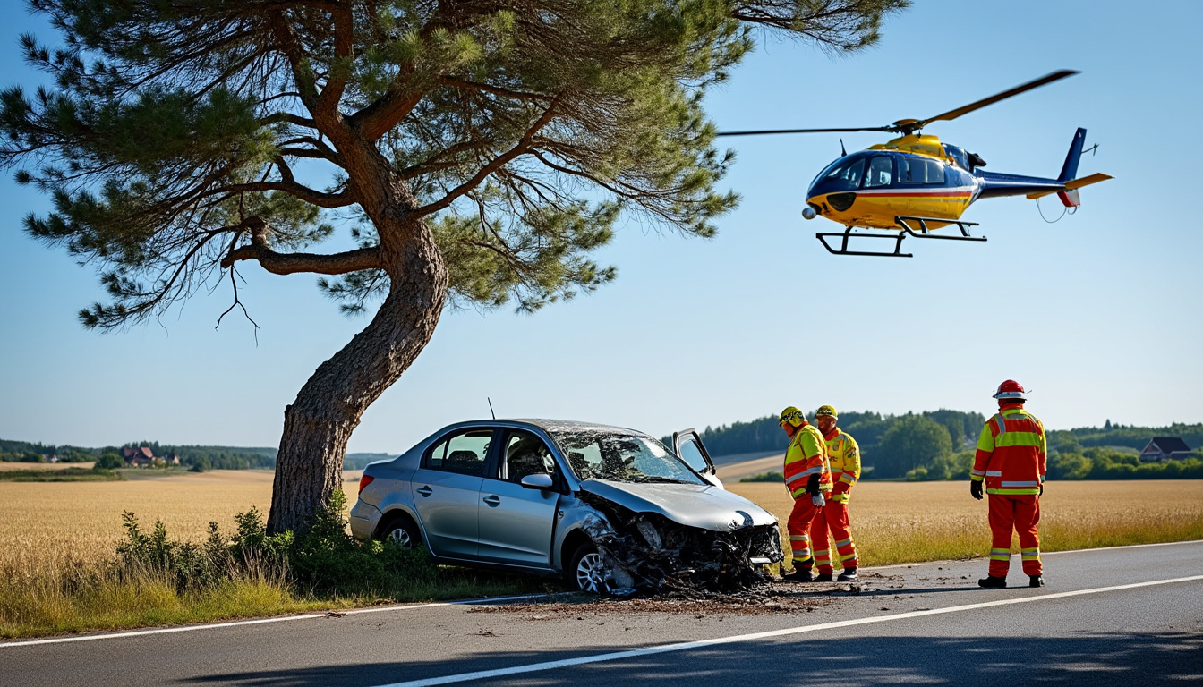un grave accident près de saint-pol : une femme de 68 ans grièvement blessée après une collision avec un arbre, évacuée en urgence par hélicoptère.