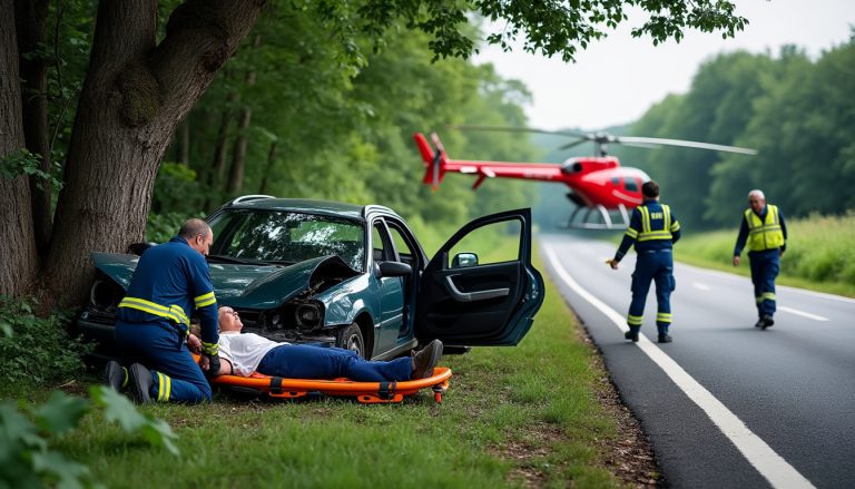 accident grave près de saint-pol : une femme de 68 ans blessée suite à une collision avec un arbre, transportée en urgence par hélicoptère.