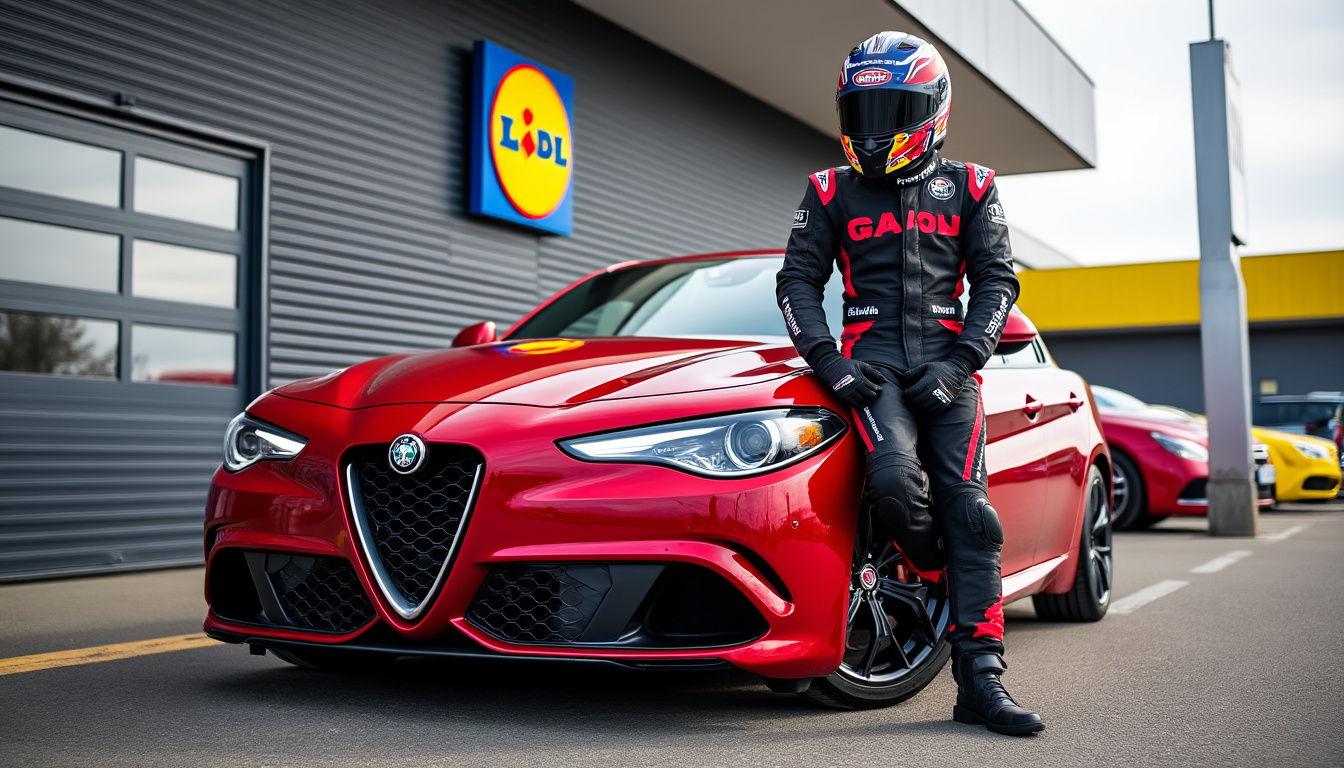 à 176 400 €, cette alfa romeo gtam à l’allure de voiture de course fait ses courses chez lidl avec son propriétaire en combinaison de pilote.