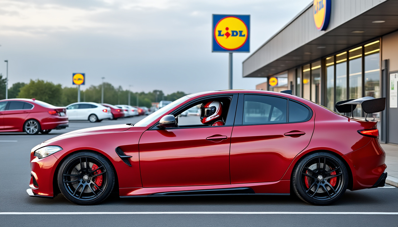 une alfa romeo gtam estimée à 176 400 € fait sensation devant un lidl : découvrez cette apparition insolite en tenue de pilote pour faire ses courses.