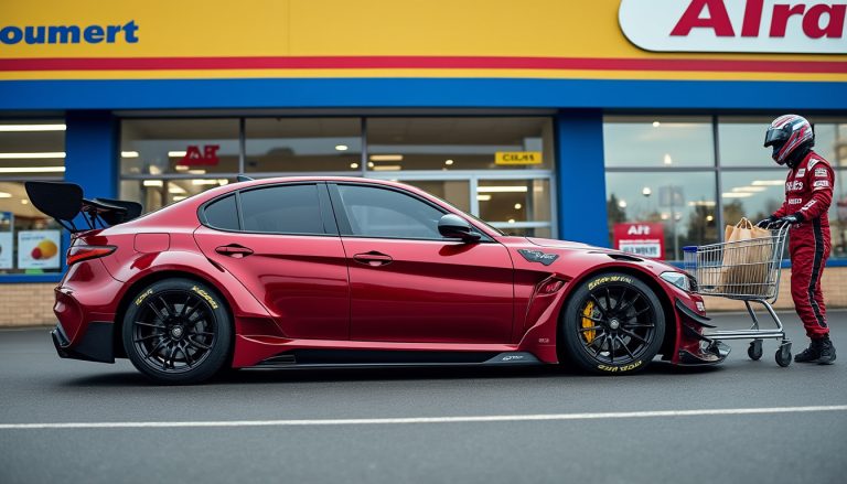 à 176 400 €, l’alfa romeo gtam ne passe pas inaperçue : découvrez pourquoi elle a débarqué chez lidl en tenue de pilote pour faire ses courses.