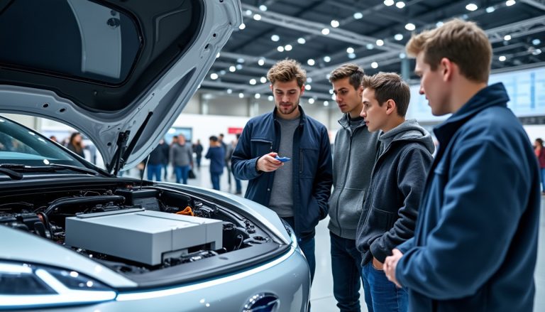 au mondial de l’automobile, des lycéens en mécanique découvrent les technologies et les métiers liés au virage électrique du secteur automobile.